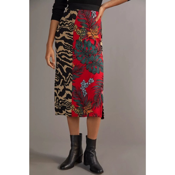 Anthropologie | Red and Black Contrast Sweater Safari Patterned Midi Skirt ~ XL - Picture 6 of 11